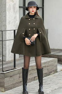 Army Green Thicken Wool Cape Coat for Women, Oversized Winter