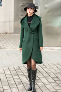 Winter Green Wool Coat with Hood, Long Wrap Coat C254201