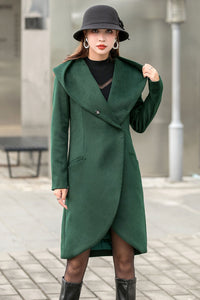 Winter Green Wool Coat with Hood, Long Wrap Coat C254201