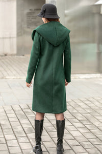 Winter Green Wool Coat with Hood, Long Wrap Coat C254201