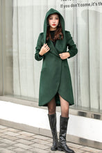 Load image into Gallery viewer, Winter Green Wool Coat with Hood, Long Wrap Coat C254201
