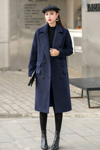Navy Blue Long Wool Coat C2544#