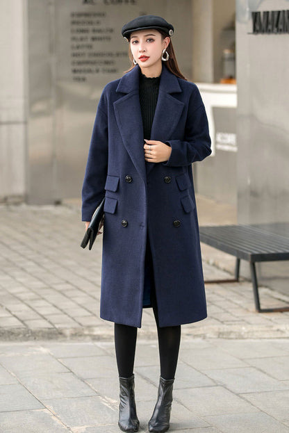 Navy Blue Long Wool Coat C2544