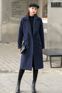 Navy Blue Cashmere Long Wool Coat, Warm Winter Wool Coat C254401