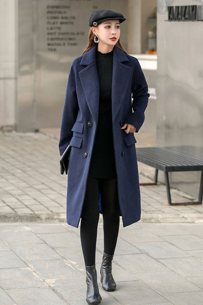 Navy Blue Long Wool Coat C2544