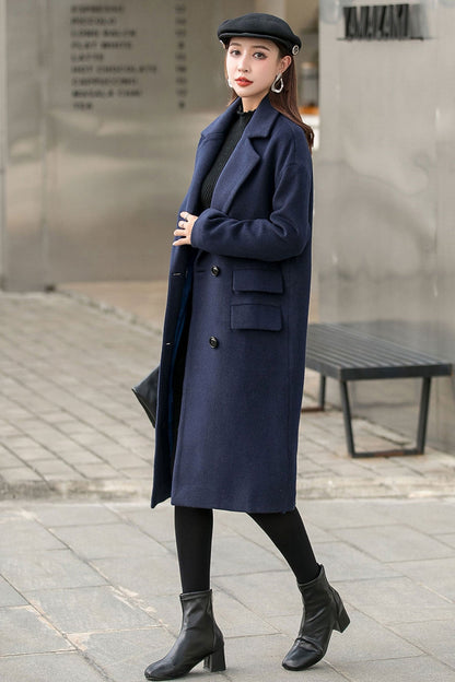 Navy Blue Long Wool Coat C2544