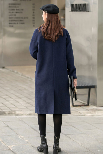Navy Blue Long Wool Coat C2544