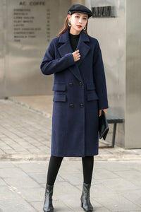 Navy Blue Long Wool Coat C2544#