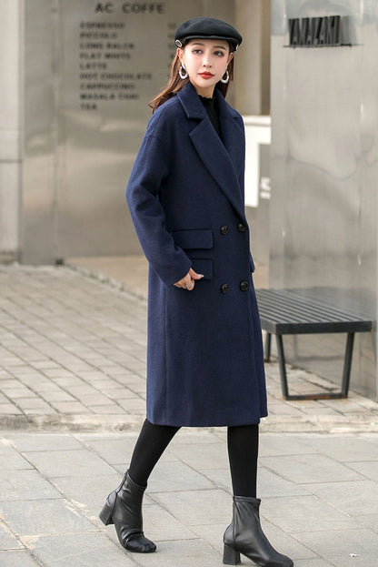 Navy Blue Long Wool Coat C2544