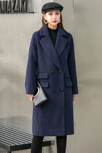 Navy Blue Cashmere Long Wool Coat, Warm Winter Wool Coat C254401