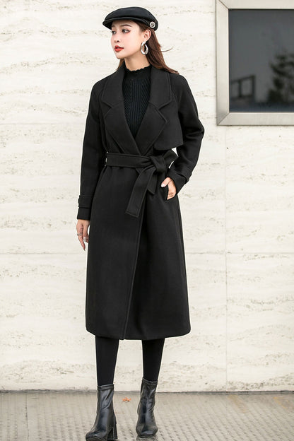 Belted Wool Trench Coat, Relaxed Fit Winter Fall Coat C254901