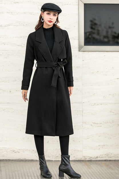 Belted Wool Trench Coat, Relaxed Fit Winter Fall Coat C254901