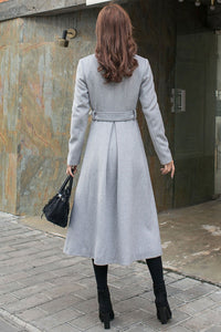 Women Grey Long Wool Coat C2575#