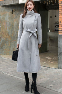 Women Grey Long Wool Coat C2575#
