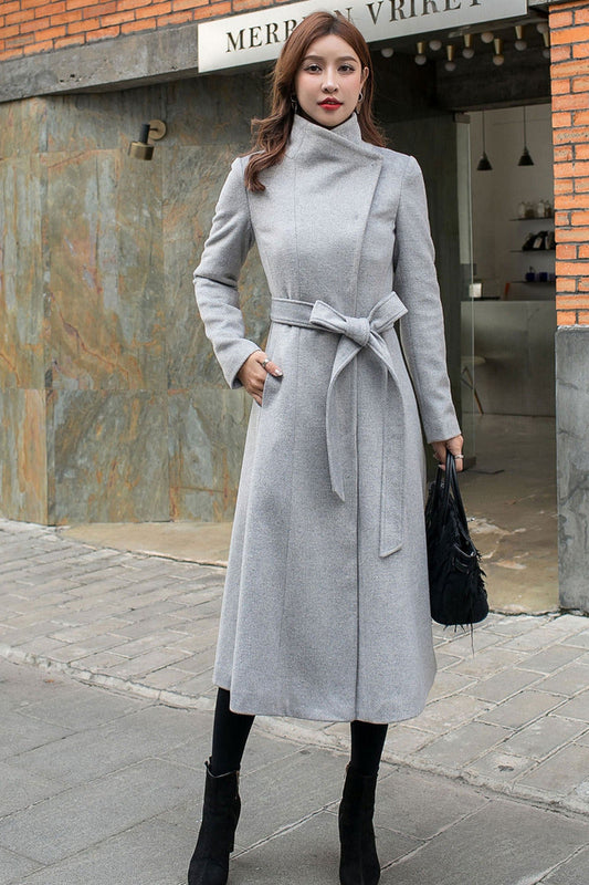 Women Grey Long Wool Coat C2575#