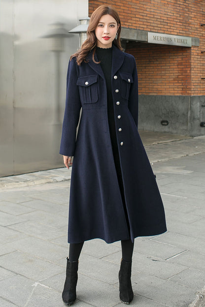Retro Blue Long Wool Coat Women C2582