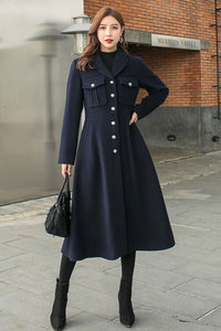 Retro Blue Long Wool Coat Women C2582