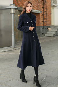 Retro Blue Long Wool Coat Women C2582