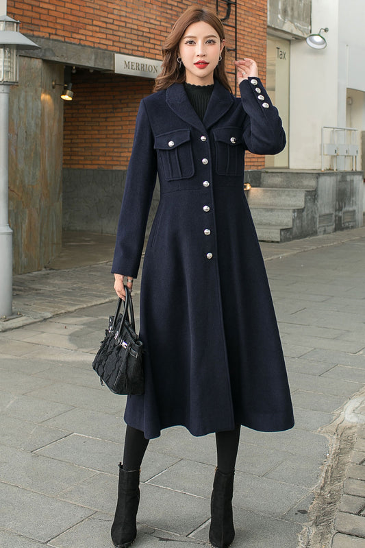 Retro Blue Long Wool Coat Women C2582