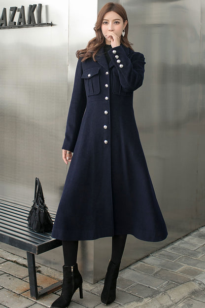 Retro Blue Long Wool Coat Women C2582
