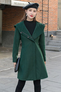 Green Hooded Wool Coat, Minimalist Winter Coat C2587