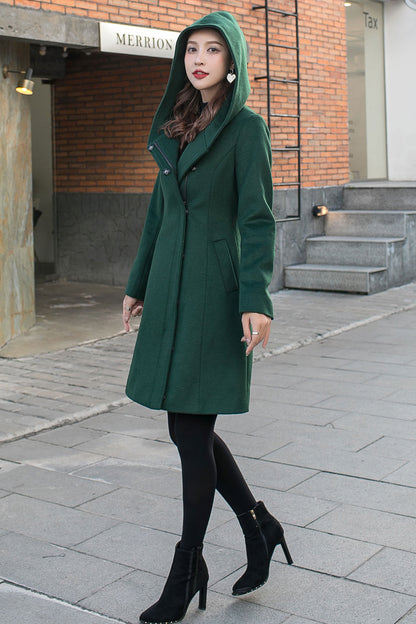 Green Hooded Wool Coat, Minimalist Winter Coat C2587