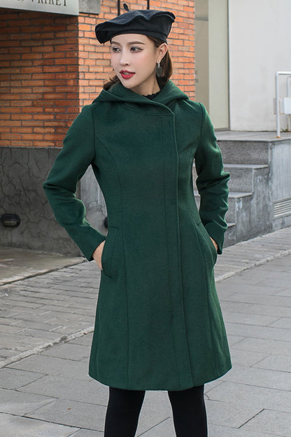 Green Hooded Wool Coat, Minimalist Winter Coat C2587