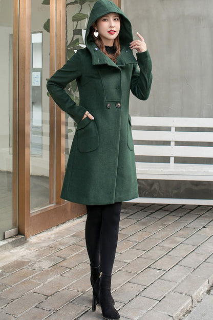 Wool Coat Women, Wool Hooded Coat C2588
