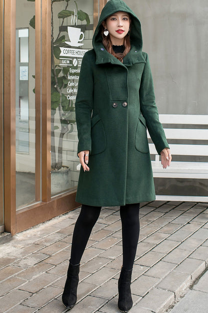 Wool Coat Women, Wool Hooded Coat C2588