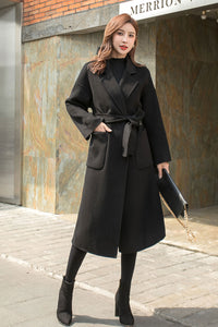 Black Wool Wrap Coat Women, Long Wool Coat C256401