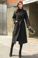 Load image into Gallery viewer, Black Wool Wrap Coat Women, Long Wool Coat C256401
