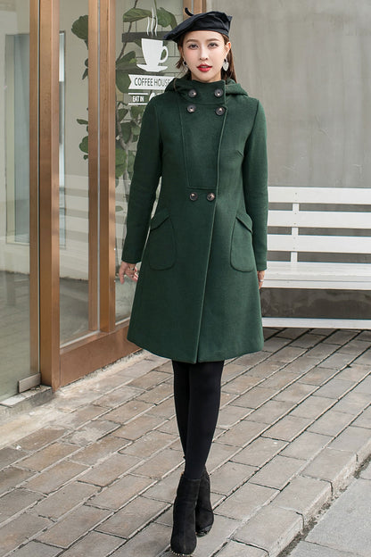 Wool Coat Women, Wool Hooded Coat C2588