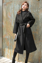 Load image into Gallery viewer, Black Wool Wrap Coat Women, Long Wool Coat C256401
