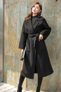 Black Women Long Wool Coat C2564,Size XS #CK2101433