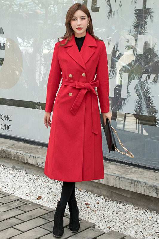 Red Double Breasted Wool Coat C2567-Size S #CK2101407