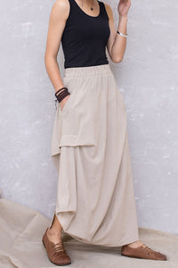Women Apricot Linen Asymmetrical Elastic Waist Skirt C2817#CK2201368