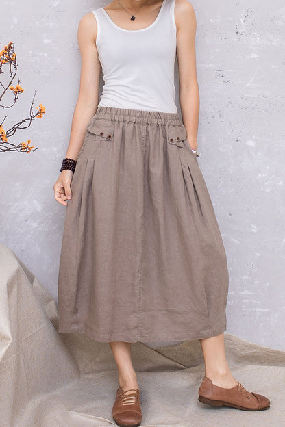 Elastic Waist Linen Midi Khaki Casual Skirt C2809#CK2201389