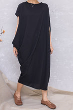 Load image into Gallery viewer, Black Linen Asymmetrical Batwing Sleeve Pullover Dress C2810#CK2201392
