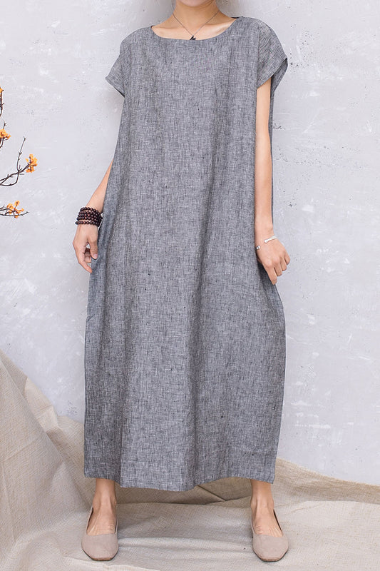 Women Grey Casual Linen Loose Long Dress C2812 #CK2201356