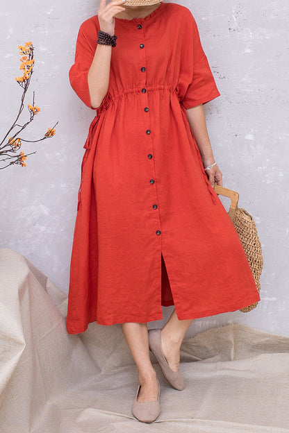 Women Linen Half Sleeve Loose Elastic Waist Dress C2813 #CK2201407