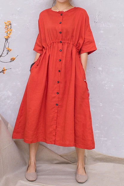 Women Linen Half Sleeve Loose Elastic Waist Dress C2813 #CK2201407