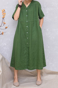 Summer Women Green Linen Short Sleeve Loose Dress C2814#CK2201413