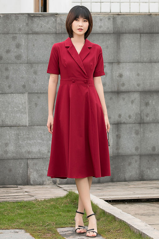 Wine Red French Retro Summer Swing Midi Dress C2795#CK2201441