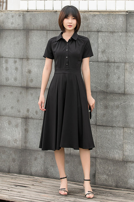 Summer Women Shirt Midi Fit and Flare Little Black Dress C2796#CK2201444