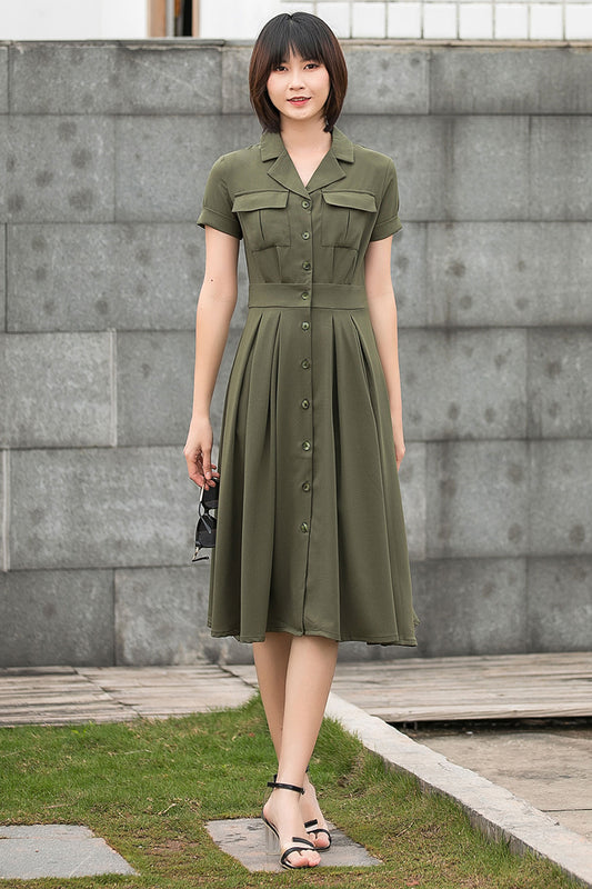 Women Army Green Short Sleeve Shirt Midi Dress C2797#CK2201453