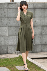Women Army Green Short Sleeve Shirt Midi Dress C2797#CK2201453