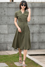 Load image into Gallery viewer, Women Army Green Short Sleeve Shirt Midi Dress C2797#CK2201453

