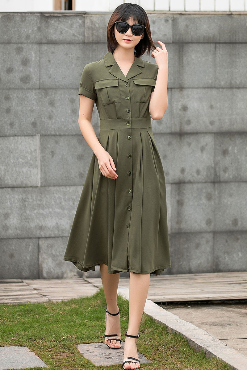 Women Army Green Short Sleeve Shirt Midi Dress C2797#CK2201453