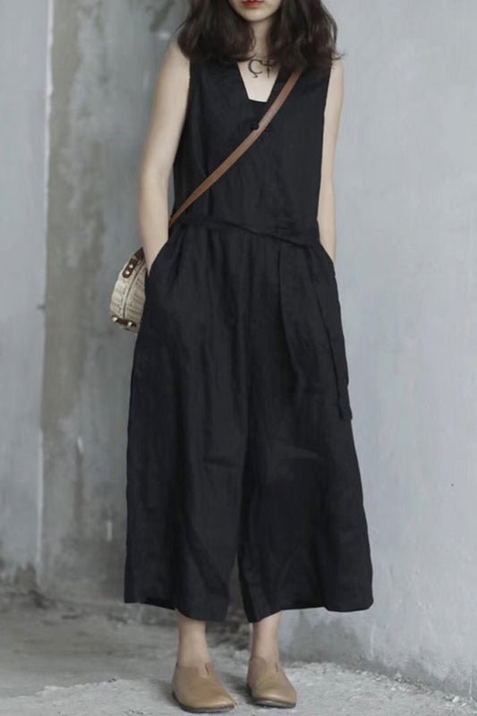 V Neck Black Linen Jumpsuits C2393