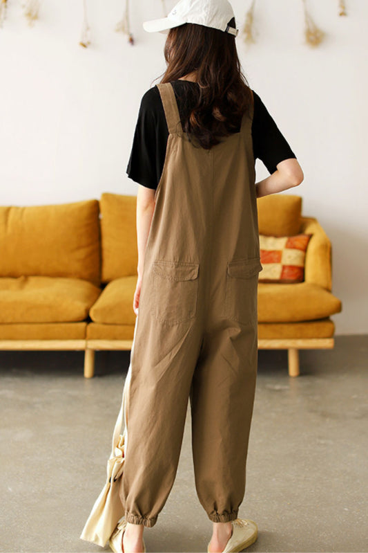 Khaki Cotton Jumpsuit - Loose Fit with Side Pockets C2382